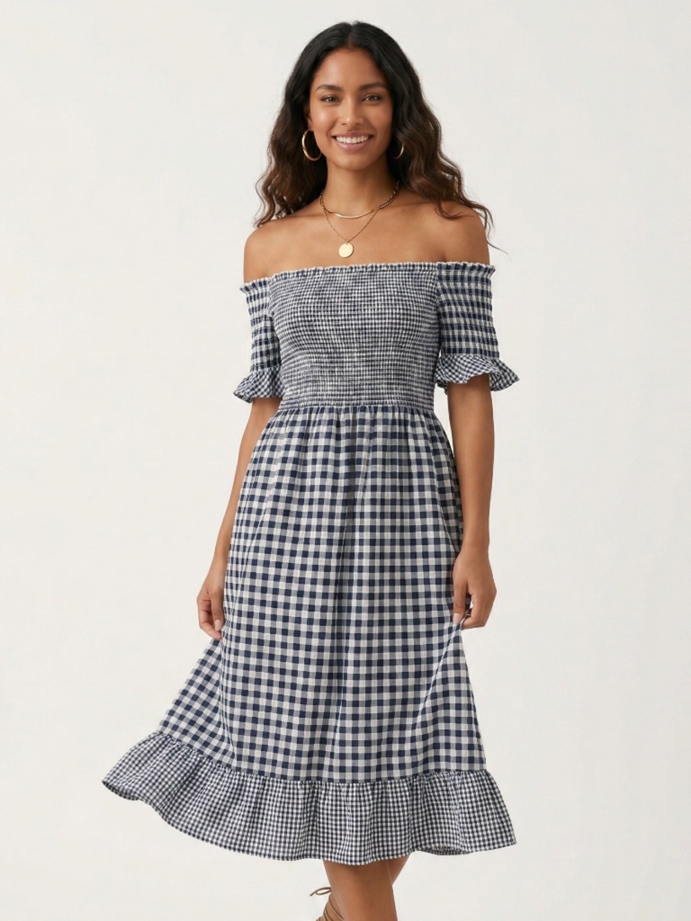 POL Navy White Gingham Midi Dress | Smocked Off Shoulder Checkered Dress - Picture 4 of 7